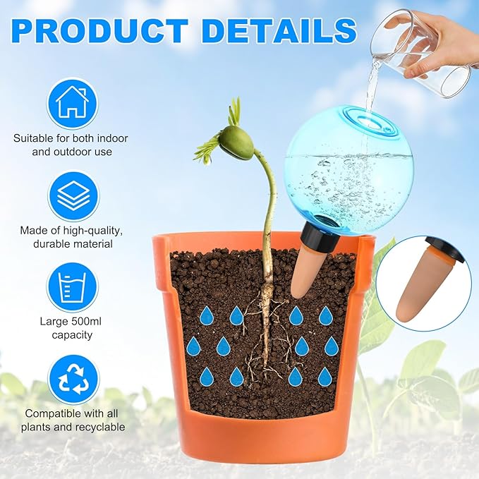 M METERXITY 4-Pack Plant Self Watering Globes, 6.9 oz Plastic Bubble Water Bulbs Top Fill for Indoor/Outdoor Plants, Self Watering Spikes Slow Release Terracotta [Blue]