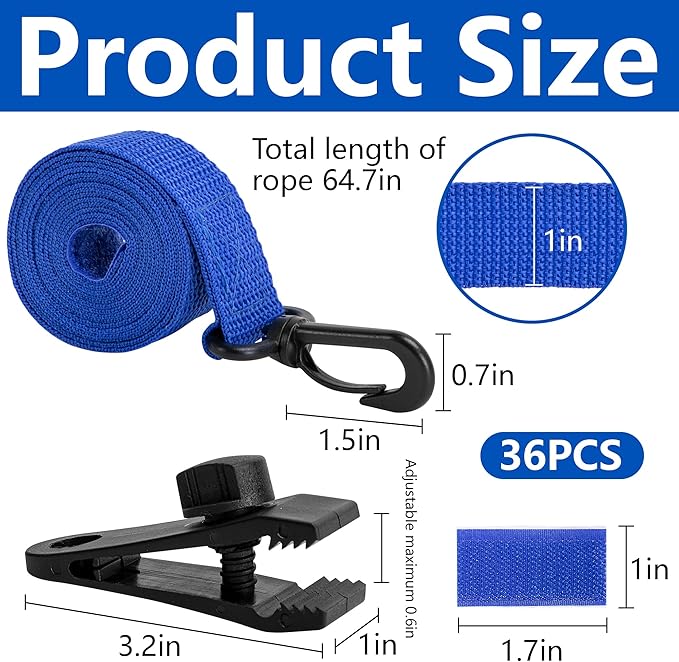 codree 36 Pcs Pool Solar Cover Reel Attachment Kit, Inground Swimming Pool Solar Cover Straps and Clips, Solar Blanket Strap Kit Including 12 Straps with Hooks, 12 Clips and 12 Touch Fastener (Blue)