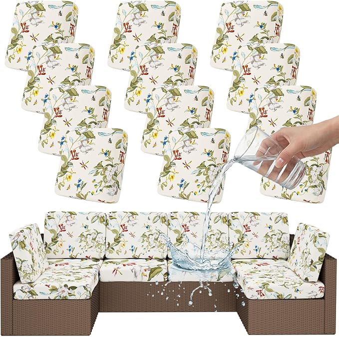 Smiry Waterproof Patio Cushion Covers, Stretch Outdoor Couch Slipcovers Replacement Washable Furniture Protector Sofa Chair Seat Cover for Dogs and Pets (12 Pcs, Beige and Green)