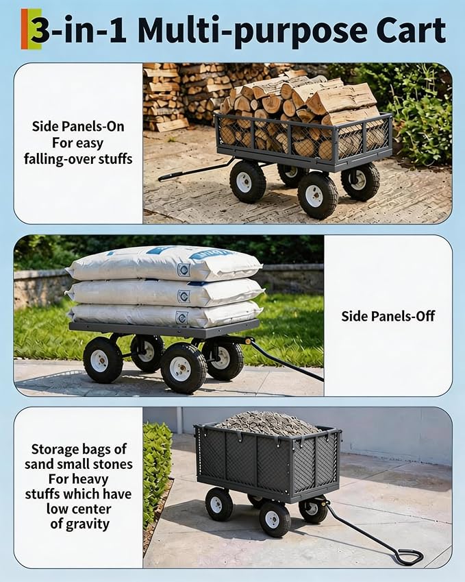 GarveeTech 400LBS Heavy Duty Steel Garden Cart, Garden Wagon Cart on Wheels, Metal Yard Utility Wagon with Removable Mesh Sides, 10" All Terrain Tires, 180° Rotating Handle for Lawn, Garden, Farm