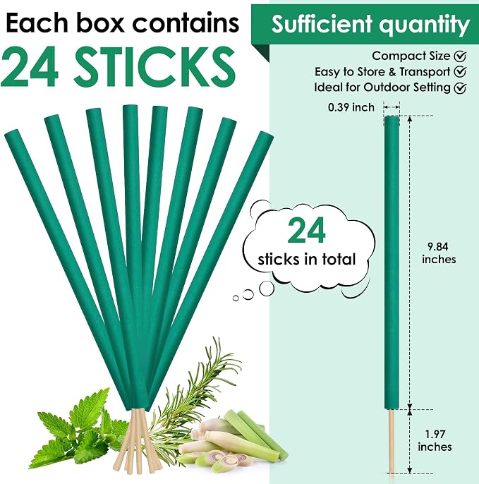 Qualirey 24 Pcs Citronella Incense Sticks, Green Citronella Sticks for Outside Made from Natural Plants, Reaches Up to 12 Feet for Patio Backyard Travel Camping Picnics Swimming Outdoor Activities