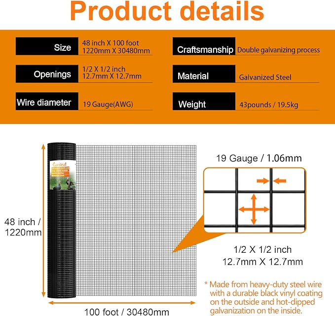 Gardeal Black 19 Gauge 1/2 Inch Hardware Cloth - Vinyl Coated Welded Wire Mesh Roll - Duty Rust Proof Fencing for Gardens, Poultry Animal Netting Cage Screen (Black 1/2 48inx100Ft)