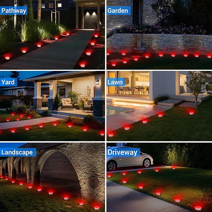 Peasur Mini Solar Ground Lights Outdoor, 4 Pack Flat Solar Powered Disc Lights, IP68 Waterproof, Anti-Rust, Landscape Lighting for Pathway Garden Yard Lawn Walkway Landscape Driveway, Red