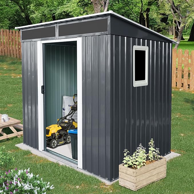 KEIKI 6x5 FT Outdoor Metal Storage Shed with Sloped Roof,Window,Transparent Plate and Lockable Door for Garden Yard Lawn