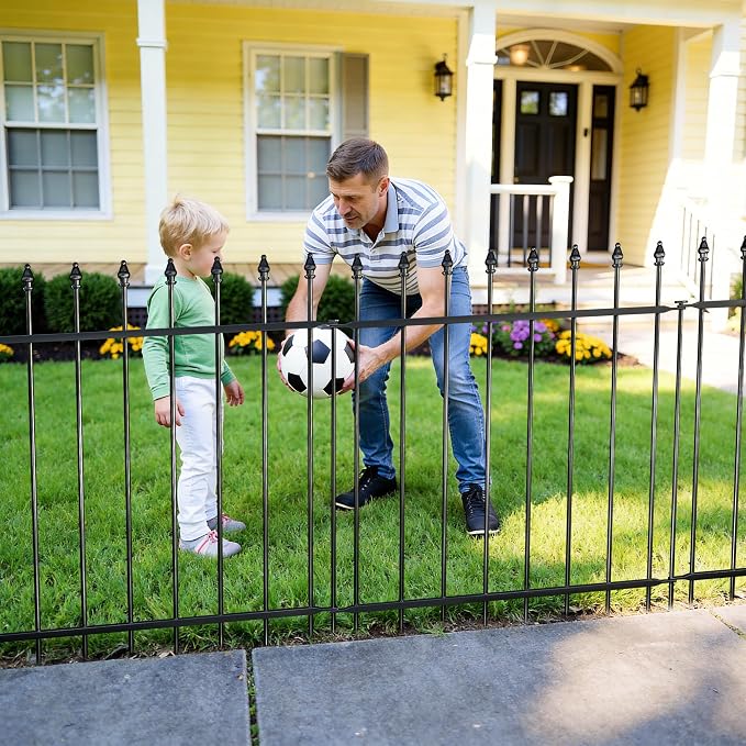 Decorative Metal Garden Fence，(12 Panels+ 13 Posts), Total Iength24 ft(W) x 24 in(H), High Metal Border Fence, Classic Roman Column Decoration, Garden and Lawn Landscape Fence, Black Animal Fence