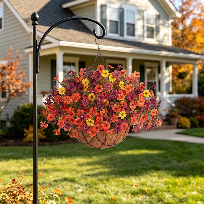 Fake Mums Artificial Fall Flowers with Hanging Baskets Outdoors for Decoration Faux mums for outdoor planters Daisy Flower with Eucalyptus Leaves for Porch Home Patio Balcony and Yard Autumn Decor