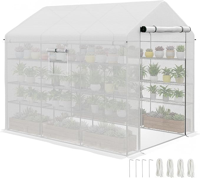 Outsunny 8' x 6' x 7' Walk-in Greenhouse, PE Cover, 4-Tier Shelves, Steel Frame Hot House, Roll-Up Zipper Door for Flowers, Vegetables, Saplings, Tropical Plants, White