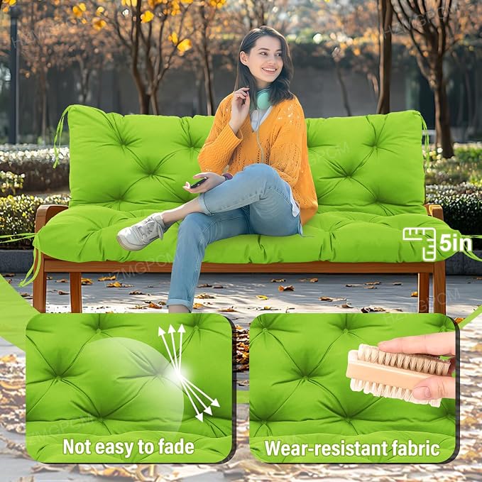 Premium 5" Thick Waterproof Outdoor Swing Cushions Sturdy Durable 2 Seat Replacement Porch Swing Cushions with Backrest&Ties Bench Cushion for Outdoor Furniture Backyard Patio (Green)