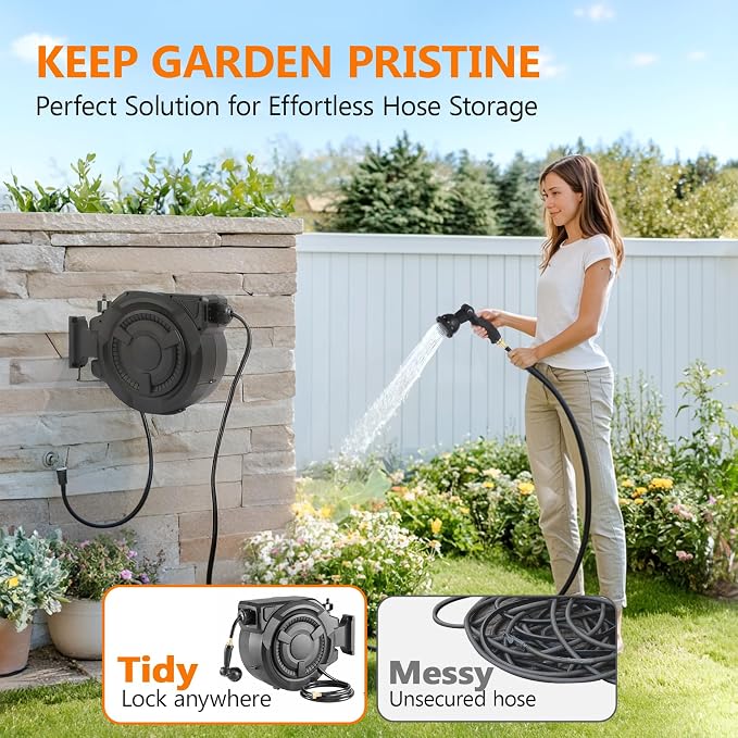 wikiwiki Retractable Garden Hose Reel 1/2 in x 65 ft, Heavy Duty Wall Mounted Hose Reel with 10- Function Sprayer Nozzle, Automatic Slow Return System/180°Swivel Bracket/UV Resistant (Black)