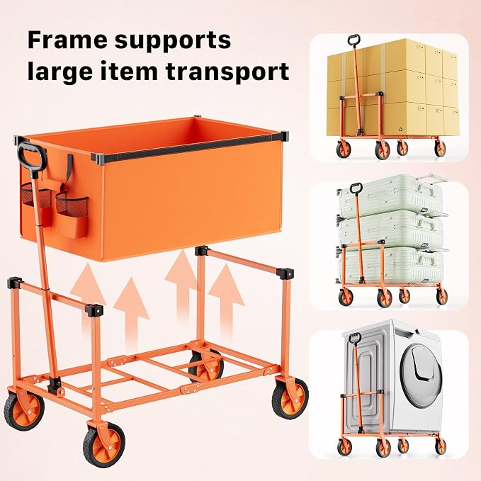 29.3" Collapsible Wagon Cart, 150L Heavy Duty Folding Utility Wagon with Wheels, 260 lbs Load, Portable Rolling Cart for Garden, Shopping, Sports, Camping, Orange