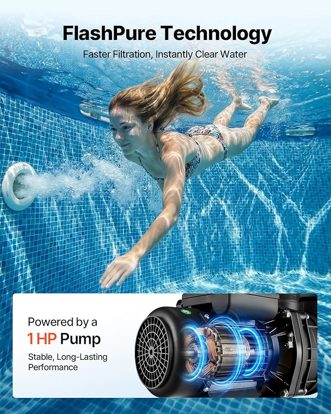 VEVOR FlashPure Sand Filter Pump, 16 in for Above Ground Pool, 1 HP 4400 GPH, Swimming Pool Filter System with Timer, 6X Faster Filtration with Media Installed, Leak-Resistant, Ready to Use Out of Box