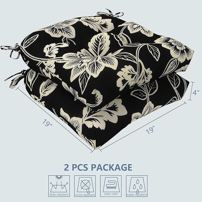 LVTXIII Outdoor/Indoor Tufted Seat Cushion, Decorative Wicker Chair Pads All Weather Seat Cushion Sets for Patio Garden Home Office Furniture, 19"x19"x4", Round Back, Pack of 2, Elegant Vines Black