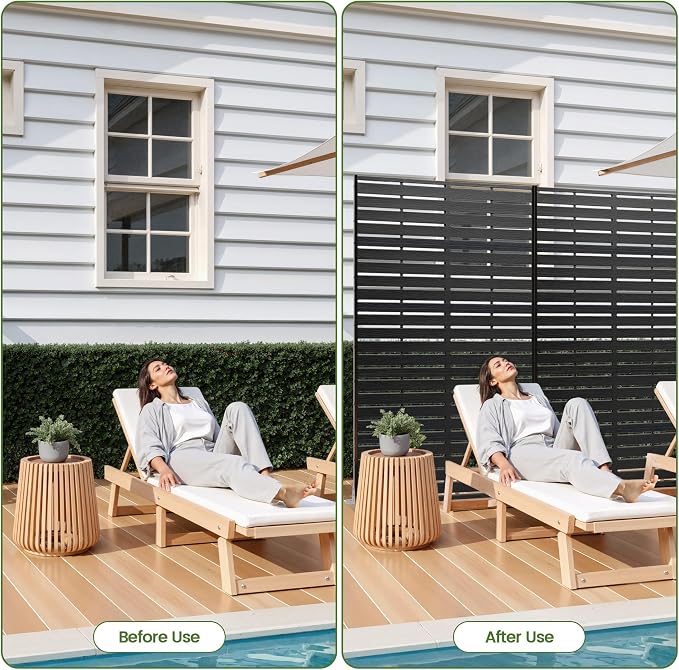 Outdoor Privacy Screen 60" H HDPE Decorative Panel Freestanding Privacy Fence with Stand, Privacy Screens with Louvered 5 Panels, Weather-Resistant Panel Fence for Patio, Balcony, Pool, Black