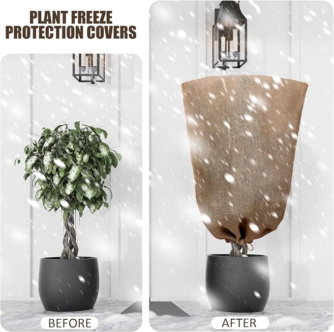 Woanger 4 Pcs 40 x 56 Inch Burlap Winter Plant Cover Bags Reusable Warm Large Plant Frost Protector with Drawstring Freeze Protection Tree Freeze Blanket for Outdoor Garden