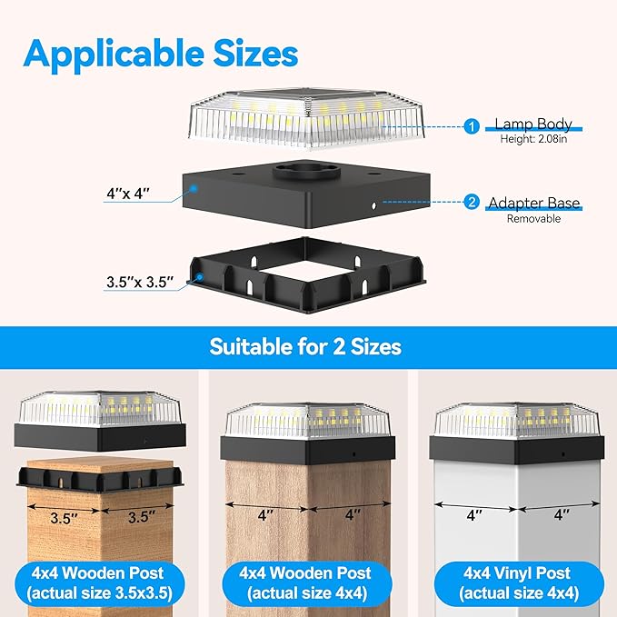 Solar Post Cap Lights, 16-Pack Fence Post Solar Lights for 4x4 Wood/Vinyl Posts, IP65 Waterproof, 10-12 Hours of Illumination with 3 Lighting Modes for Garden/Patio/Porch - Black