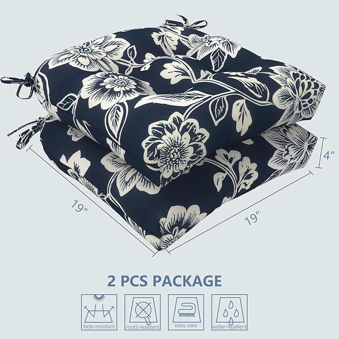 LVTXIII Outdoor U-Shaped Wicker Seat Cushion, Decorative Tufted Chair Pads Round Back Seat Cushion Set for Patio Garden Home Office Furniture, 19"x19"x4", 2 Pack, Elegant Vines Navy