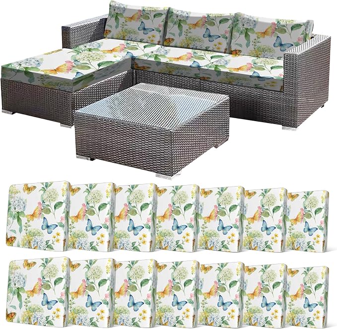 CALBODE 14 Pcs Stretch Outdoor Seat Cushion Covers, Washable Chair Seat Cover for Patio Furniture Cushions Soft Indoor and Outdoor Couch Cover Replacement (Colorful Garden, Cover Only)