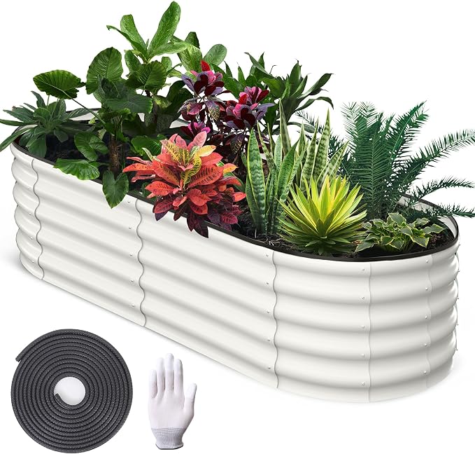 GarveeLife 2 Pcs 6x3x1 ft Oval Raised Garden Bed, Galvanized Raised Beds,Open-Ended Base Metal Raised Planter Beds,Garden Bed Outdoor,Planter Raised Boxes for Vegetables, Flowers,Tool-Free Asse,White