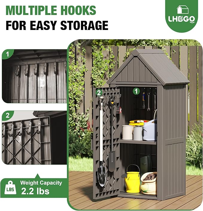 LHBGO Outdoor Storage Shed with Door & Shelf, Large Capacity Weatherproof Garden Tool Cabinet with Multiple Hooks for Backyard, Patio, Lawn（Gray