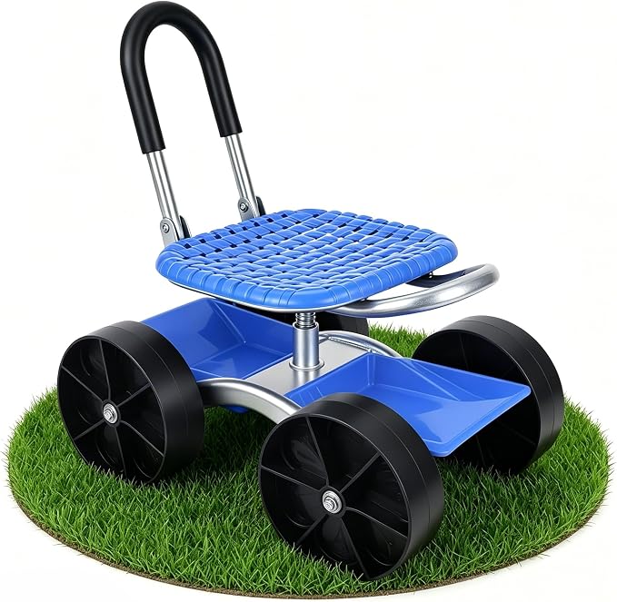 Rolling Garden Cart with 360° Swivel Seat, Garden Stool with Under-Seat Tray, 6” All-terrain Wheels, Height Adjustment, Use for Patio, Yard, and Outdoors, Gardening Gifts for Women, Parents, Seniors