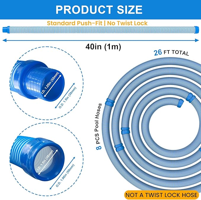 Poolvio Pool Vacuum Hose 26 Feet (8 x 40 Inch), 1.5 Inch Cuffs, Compatible with Most Inground Automatic Cleaners