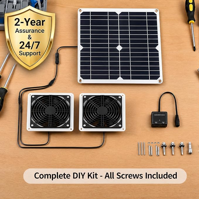 20W Monocrystalline Solar Powered Fan Kit, IP54 Waterproof Dual Exhaust Fan with Control Switch & USB Ports for Chicken Coop, Greenhouse, Shed, RV, Outdoor Ventilation