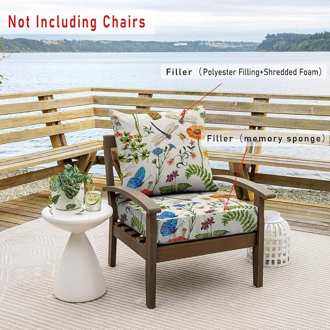 All Smiles 24x24 Outdoor Chair Cushions, 4 Inch Thick Deep Seat Patio Cushions for Chairs, UV Water Resistant Farmhouse Garden Cushions with Removable Back Cushion, Washable Deck Cushionsck