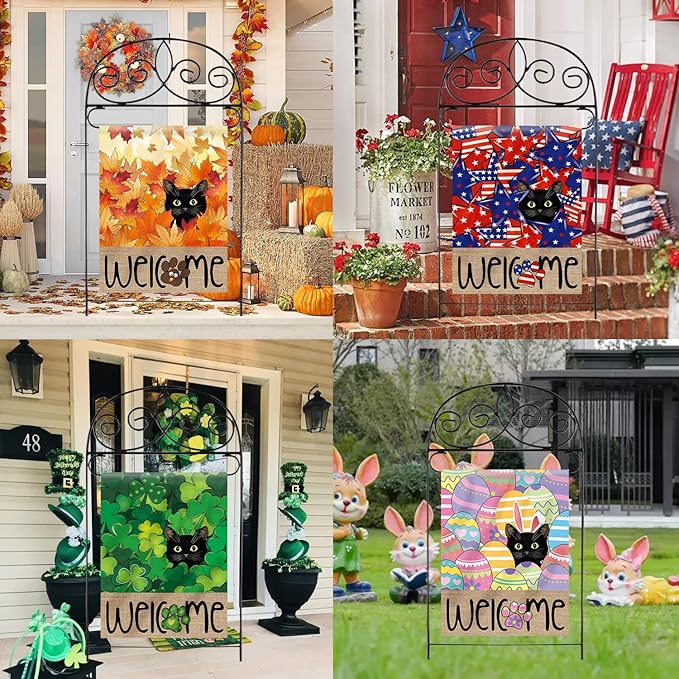 Seasonal Garden Flags Set of 11, Double Sided 12 x 18 Inch Black Cat Yard Flags, Small Flags for Outside, Spring Winter Easter 4th of July Outdoor Flags, Welcome Holiday Garden Flags for All Seasons