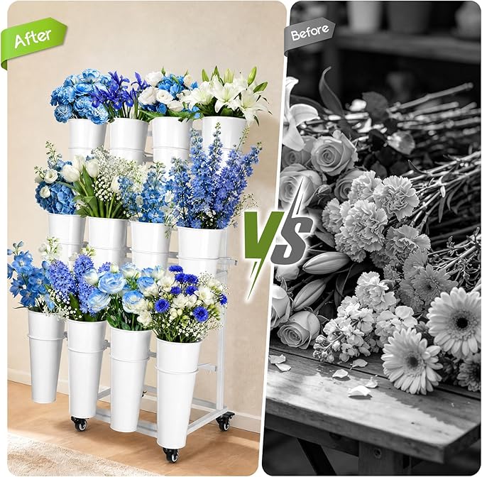 12 Buckets Flower Bar Stand,3-Tier Metal Flower Display Stand on Wheels,Mobile Flower Cart for Indoor & Outdoor Garden, Flower Shop, Wedding, Party Decor