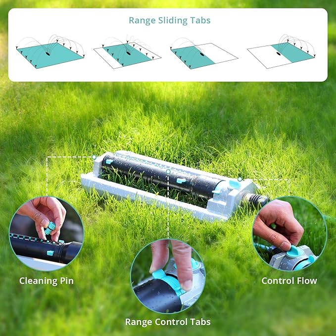 QUOBAS Heavy Duty Oscillating Sprinkler, 18-Hole Nozzle with Zinc Alloy Metal Base, Adjustable Flow Control & Spray Width, with Cleaning Pin, Garden, Yard