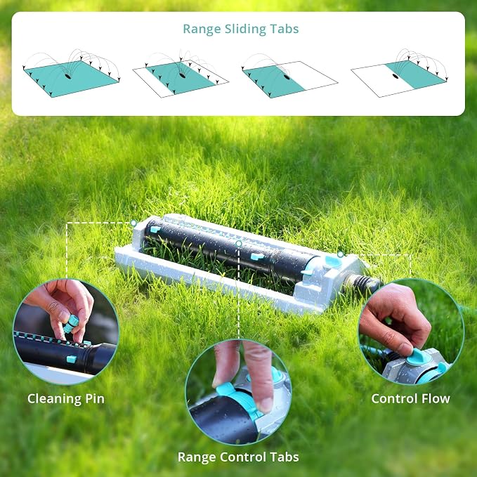 QUOBAS 2 Pack Heavy Duty Oscillating Sprinkler, 18-Hole Nozzle with Zinc Alloy Metal Base, Adjustable Flow Control & Spray Width, with Cleaning Pin, Garden, Yard