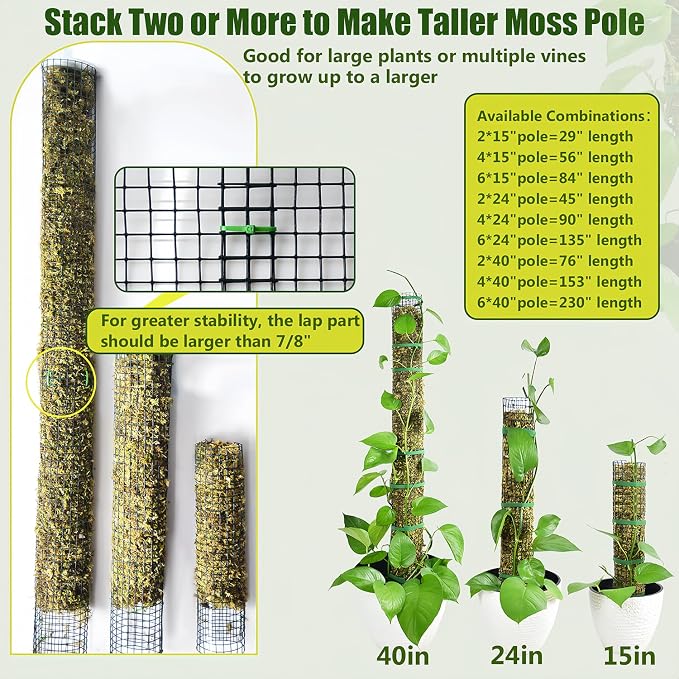 4 Pack Metal Moss Pole, 15" Moss Poles for Plants Monstera, Stackable Sphagnum Moss Pole for Plants, Plant Poles for Climbing Plants Work with Sphagnum Moss(4 Pack 15")