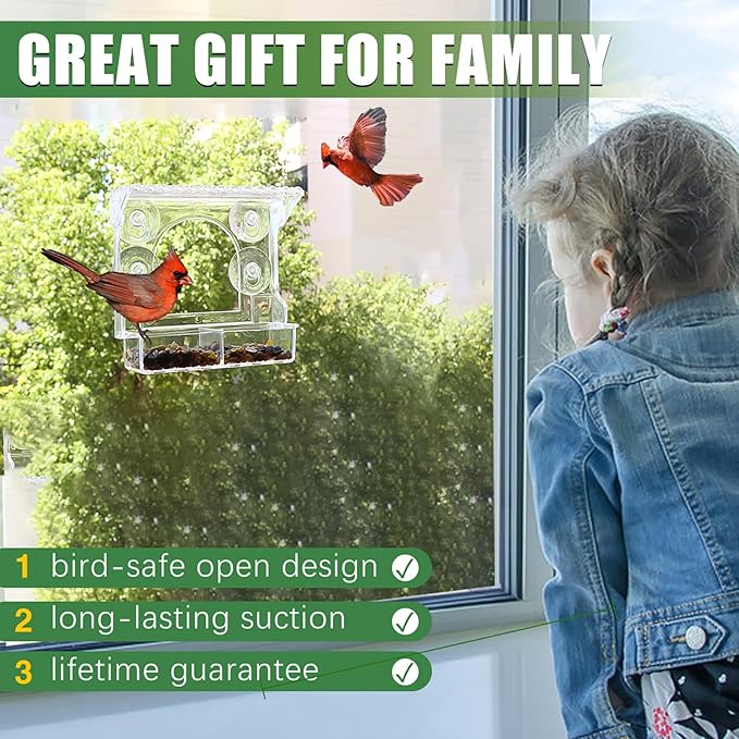 Window Bird Feeder with 4 Extra Strong Suction Cups, Clear Birdfeeders Bird House for Outdoors Window Viewing Outside, Removable Tray Birdhouse