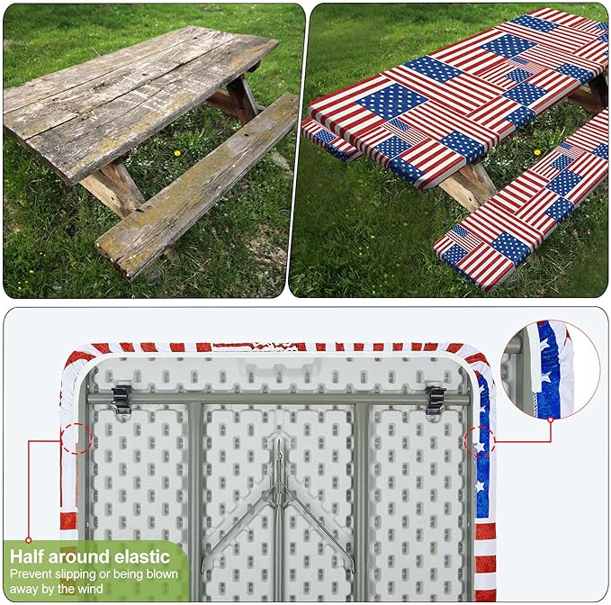 Play Tailor Picnic Table Cover with Bench Covers Camping Essentials Waterproof Windproof Camping Tablecloth with Drawstring Bag, Fitted Rectangle Tables and Seats, 72in, Red Blue White