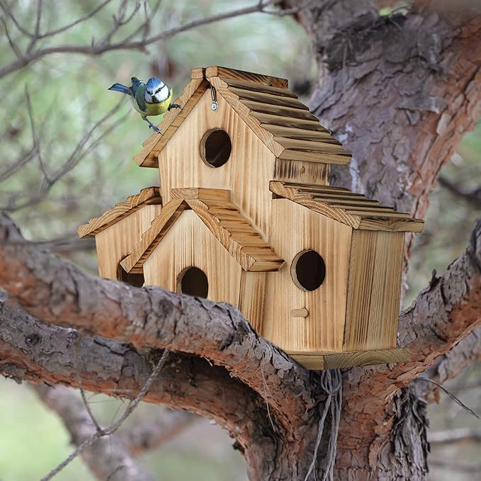 Bird Houses for Outside,Bluebird Finch 4 Room Outdoor Bird Houses for Garden, Up to 4 Bird Families, Large Hole for Bird Families' Needs