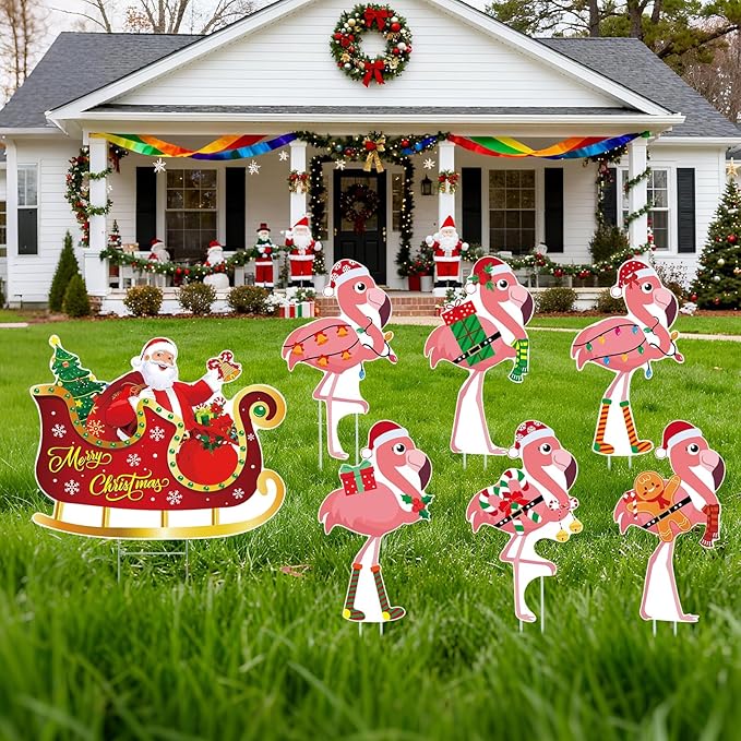 7pcs Christmas In July Flamingo Yard Sign with Stakes Waterproof Outdoor Lawn Garden Holiday Decoration for Patio Front Yard Pool Party Beach Seasonal Festive Decor Eye Catching Flamingo Sign