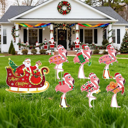 7pcs Christmas In July Flamingo Yard Sign with Stakes Waterproof Outdoor Lawn Garden Holiday Decoration for Patio Front Yard Pool Party Beach Seasonal Festive Decor Eye Catching Flamingo Sign