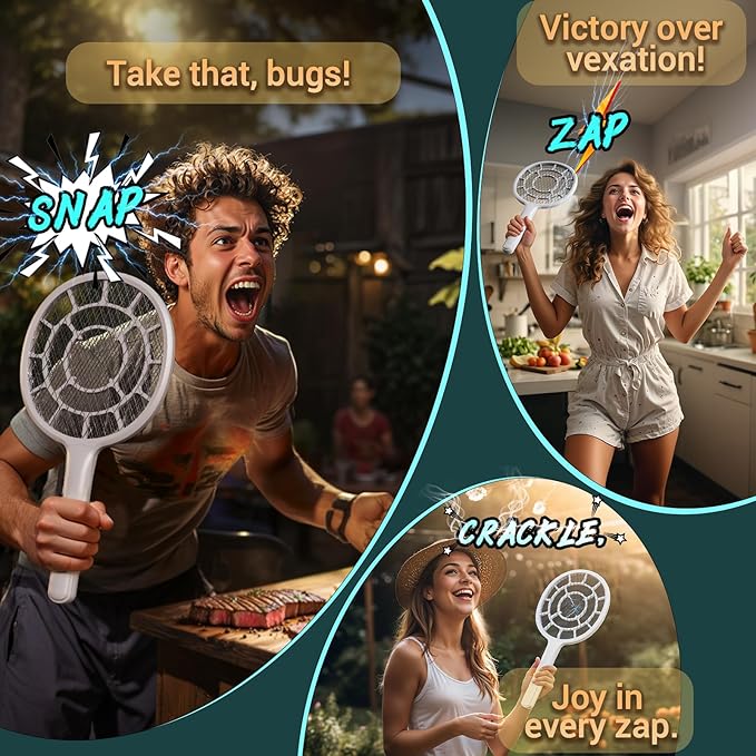 YsChois Electric Fly Swatter, Bug Zapper, Mosquito Zapper Racket | Gold Zone Voltage, Densest 3 mm Mesh, Apple-Like Weight - AA Battery Powered (not incl.) - Indoor & Outdoor, Pro Swat Tips, 2 Packs