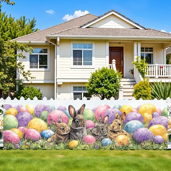 10x3 ft Extra Large Happy Easter Banner Outdoor 115''x35'' Cut Rabbit Banner for Fence Outside Garden Large Bunny Banners Yard