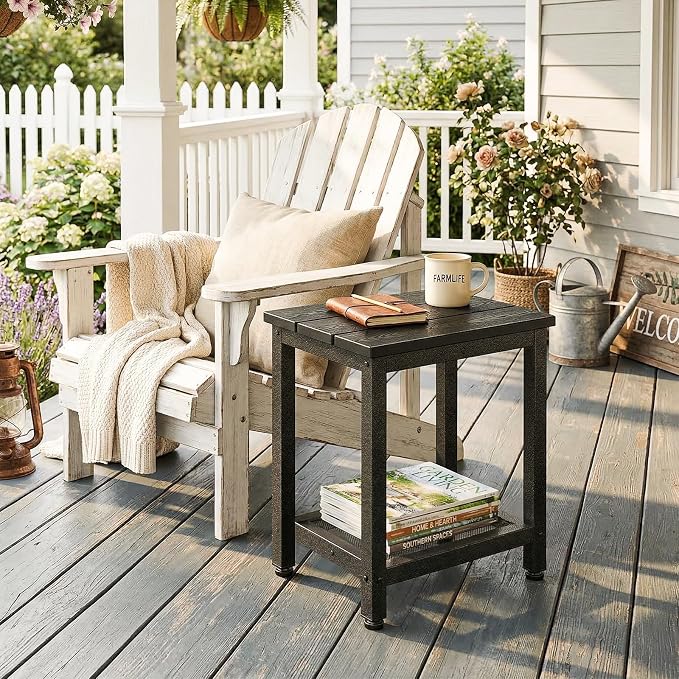 ODK Outdoor Double Side Table, Adirondack Patio End Table with Weather-Resistant Waterproof Top for Hot Tub Garden, Balcony, Poolside, Black