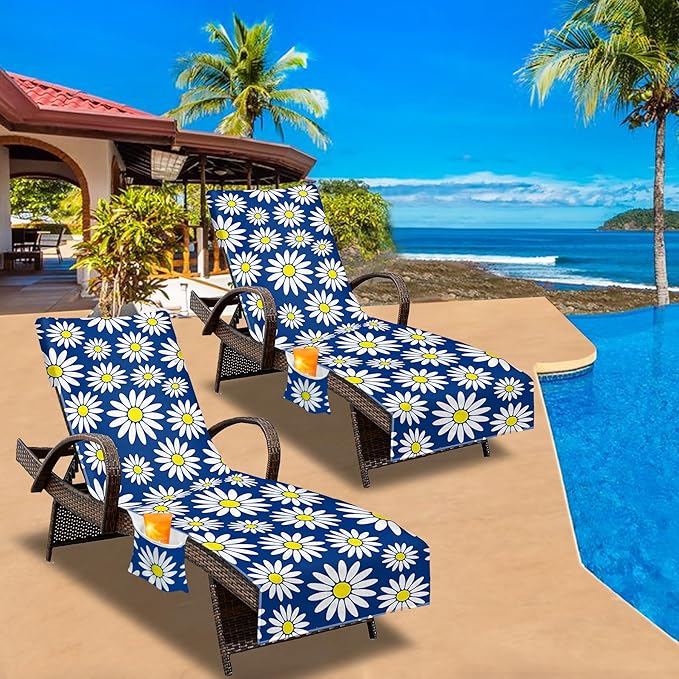 Lounge Chair Towel Cover, Beach Chair Cover (Pack of 2), Pool Lounge Chair Covers for Outdoor,Garden, Beach,Sun Lounger,Hotel Pool,Large Size and No Sliding, 85" X 30", Royal Blue Daisy