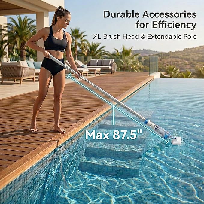 Consciot Pool Vacuum for Above Ground Pool & Inground Pool, Rechargeable Handheld Cleaner with Telescopic Pole,18.5 GPM Suction, 13.4" Head, 60-Min Runtime, for Spa & Hot Tub
