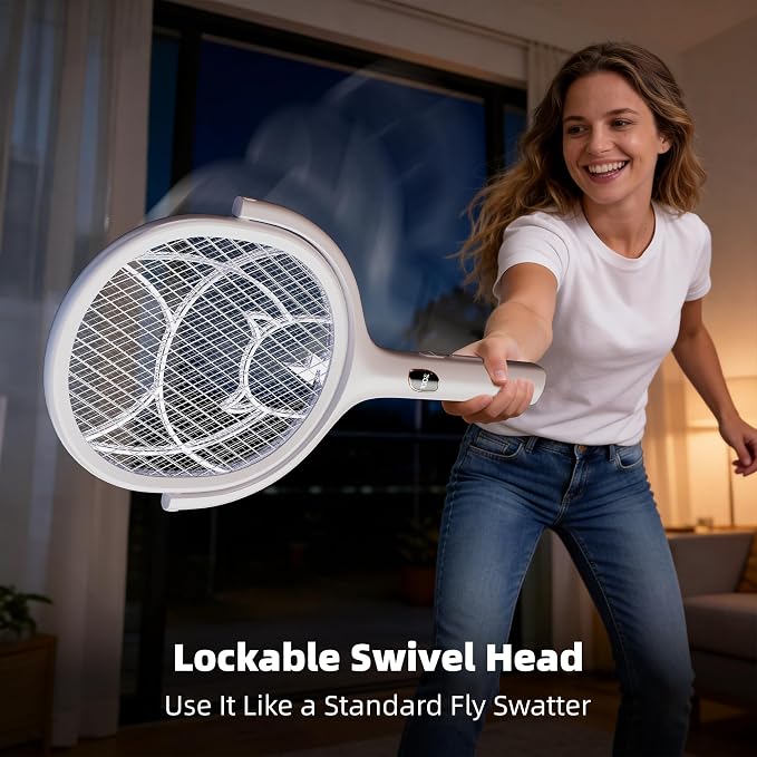 Nymrix Electric Fly Swatter Racket with Rotating Head & Telescopic Handle, 2-in-1 Bug Zapper, 4100V Rechargeable Mosquito Killer with 2600 mAh Battery for Indoor & Outdoor Use (White, 1 Pack)