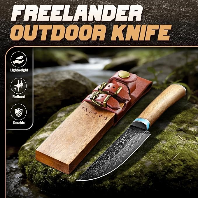 Freelander Compact Fixed Blade Knife 5.3 Inch – Damascus Steel EDC Knife with Wooden Sheath & Handle, Small Camping Knife for Outdoor, Bushcraft, Gift for Men