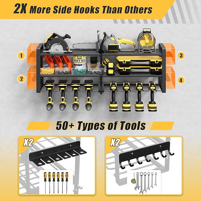 Jusgym Power Tool Organizer Wall Mount |350lbs Garage Tool Storage Rack with 6 Cordless Drill Holder |3-Tier 32''W Heavy Duty Garage Organization |Gifts for Men