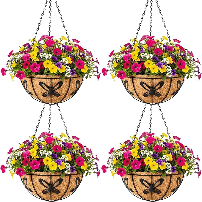 4pcs 14 inch Metal Hanging Baskets Round Wire Plant Stand with Coco Lining Cushion Decorative Planter Hanger Garden Indoor Outdoor Watering Hanging Basket （HD）