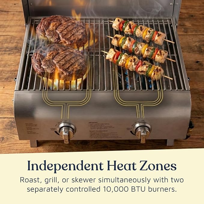 Lifemaster Portable Stainless Steel Gas Grill - 2 Burners Easy Clean Tabletop BBQ Propane Gas Grill with Foldable Legs and Wind Proof Lid for Camping and Outdoor - Silver