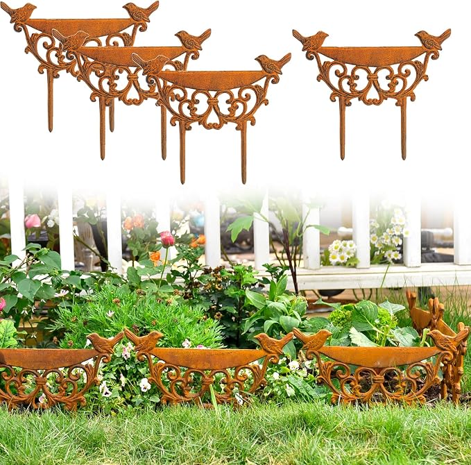 Sungmor Decorative Cast Iron Garden Edging Border, 4 Pack Rustic Brown Landscape Edging Low Picket Fence, 9.9inch Tall Outdoor Flower Bed Lawn Fence Panels, Vintage Metal Yard Decor Stakes