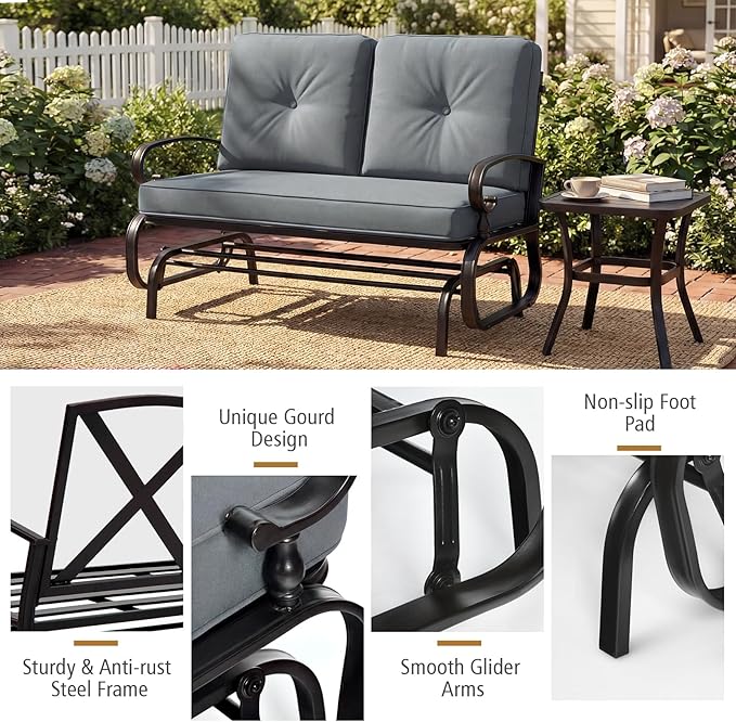 Giantex Outdoor Glider Bench, Patio 2 Person Loveseat with Removable Cushion, Thick Padded Seat, Stable Steel Frame, 400Lbs Capacity, Outside Glider Swing Chair for Deck, Poolside, Yard, Porch (Grey)
