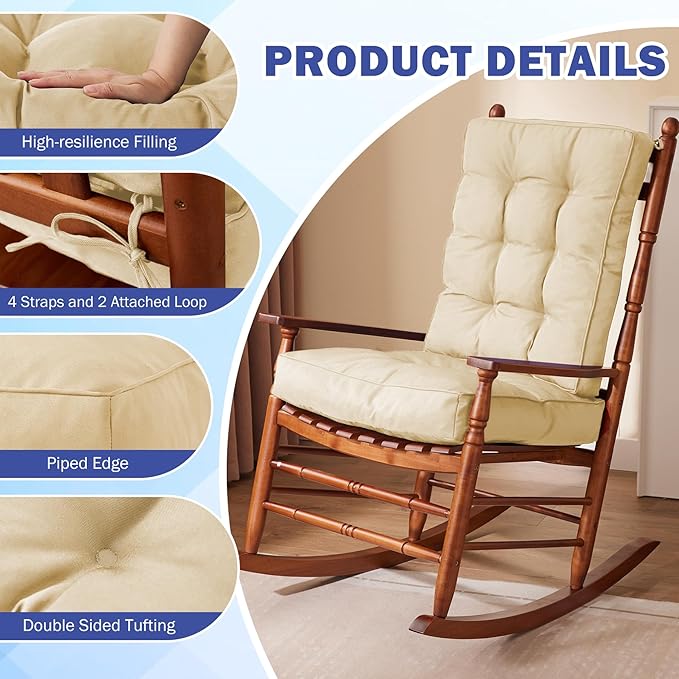 IPYNBAP Rocking Chair Cushion, Waterproof and Fade-Resistant Patio Chair Cushions, Tufted Chair Pads for Rocker Furniture, 17x17 Inch, Indoor/Outdoor Seat Cushions with Ties, Beige